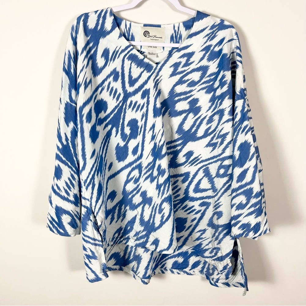 Bibi Hanum Ikat Uzbekistan Womens Silk Blend Flowy Blouse One Size Blue White